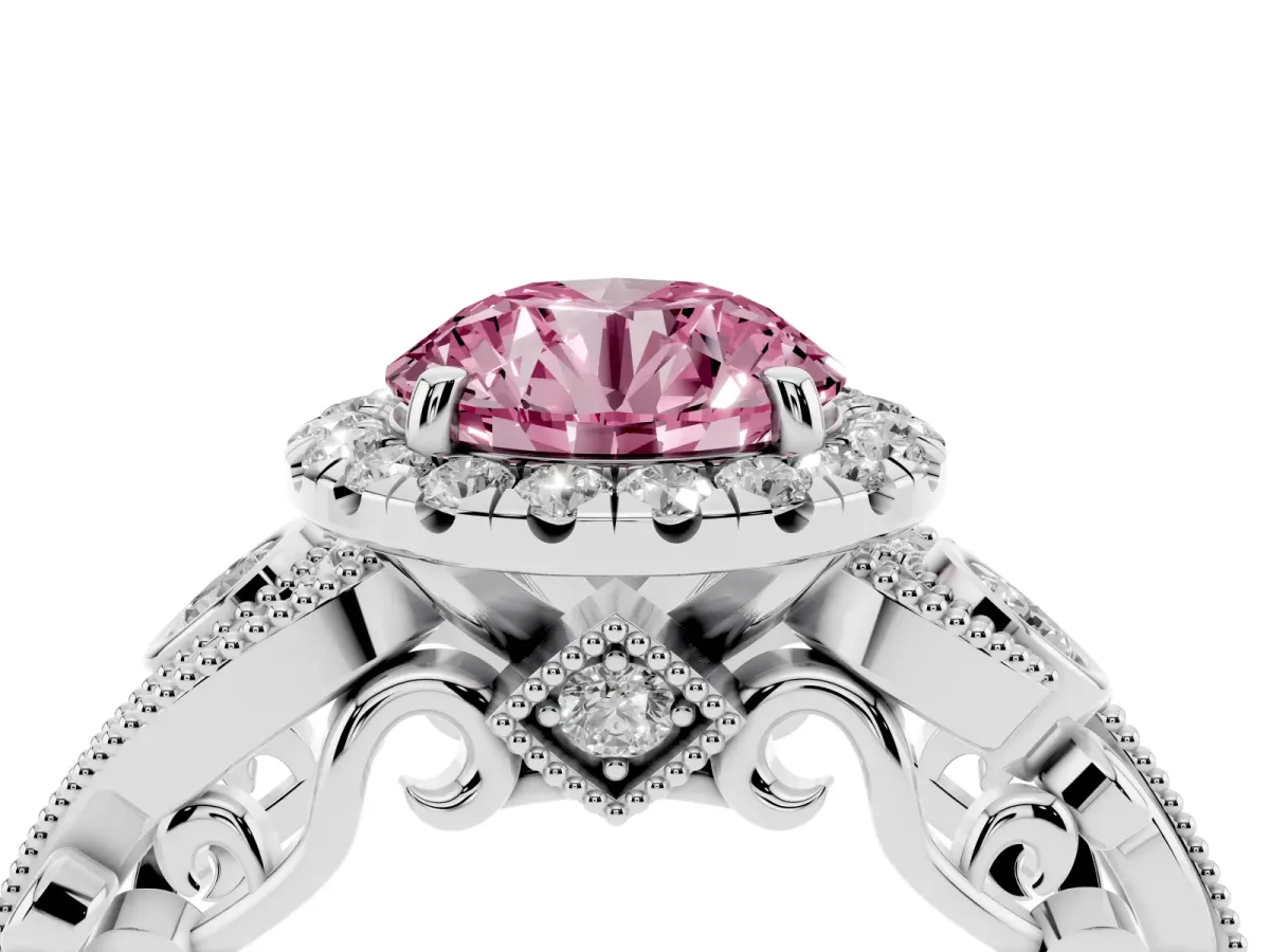 Fancy Pink Round Cut Halo Diamond Ring with Milgrain and Bezel Accents on a Split Shank Band White gold
