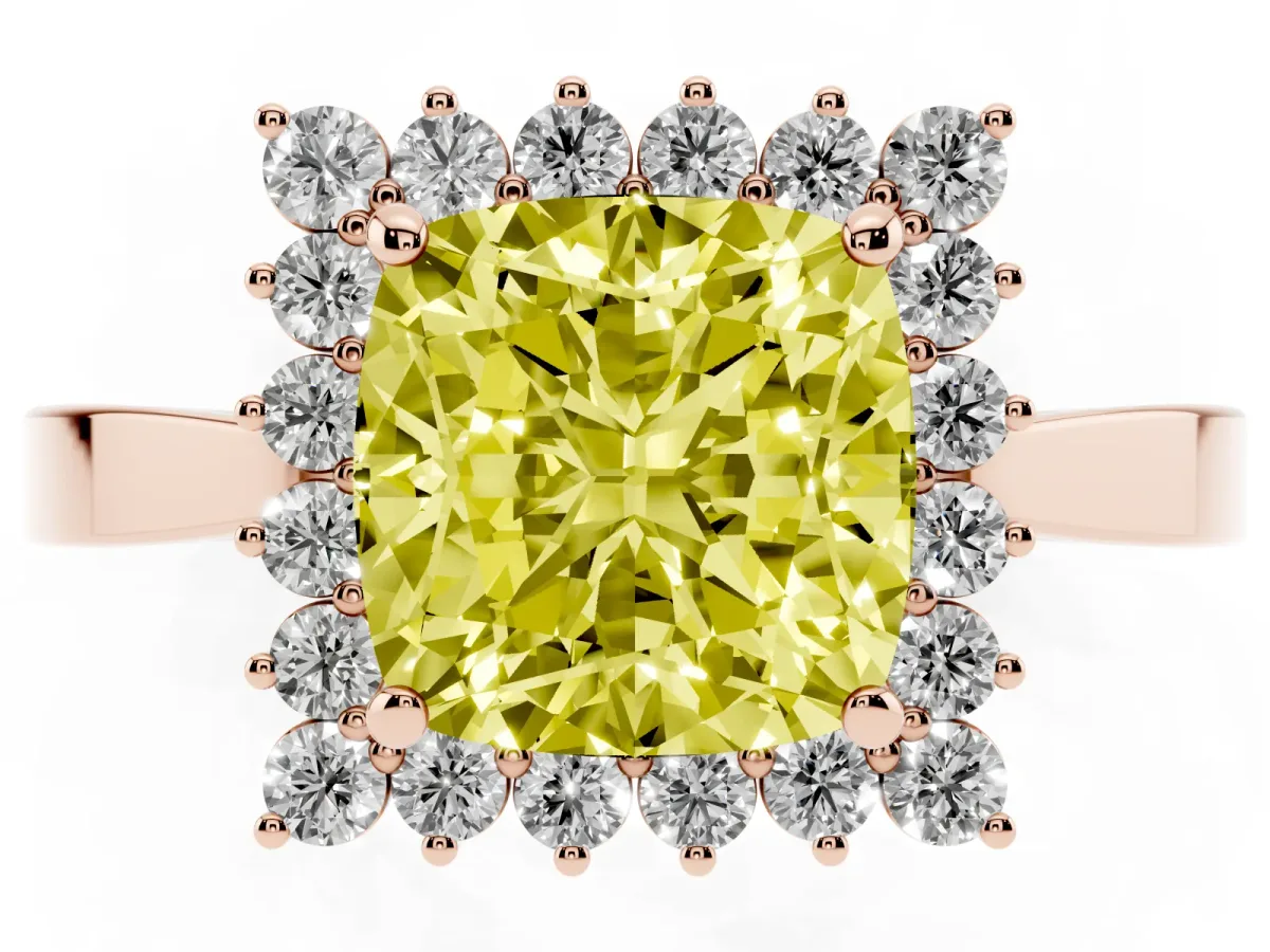 Fancy Yellow Cushion Cut Cut Diamond Halo Ring with Round Brilliant Halo and Solitaire Band Rose gold