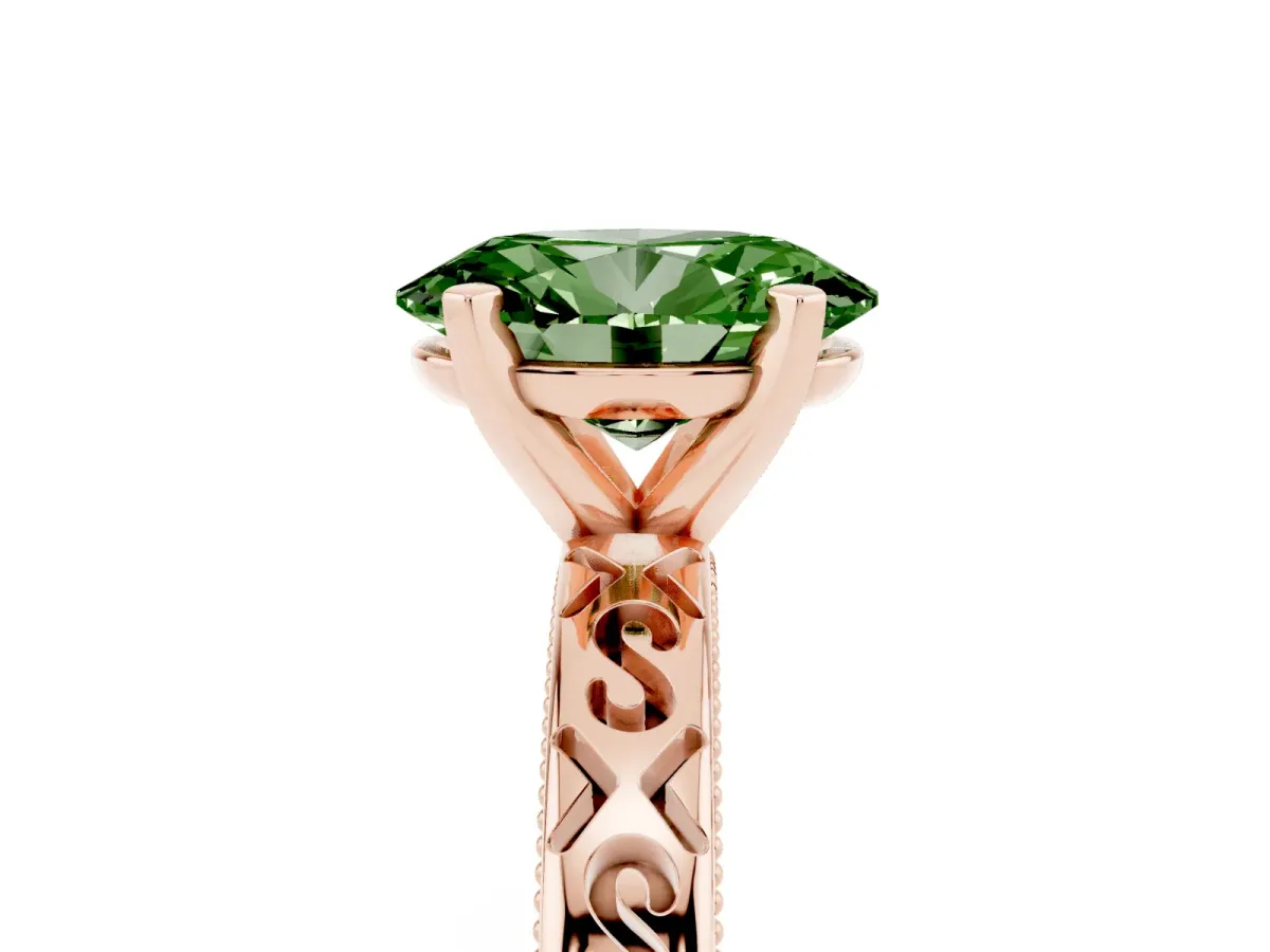 Fancy Green Oval Cut Solitaire Engagement Ring with Scrollwork Band and Four-Prong Setting Rose gold