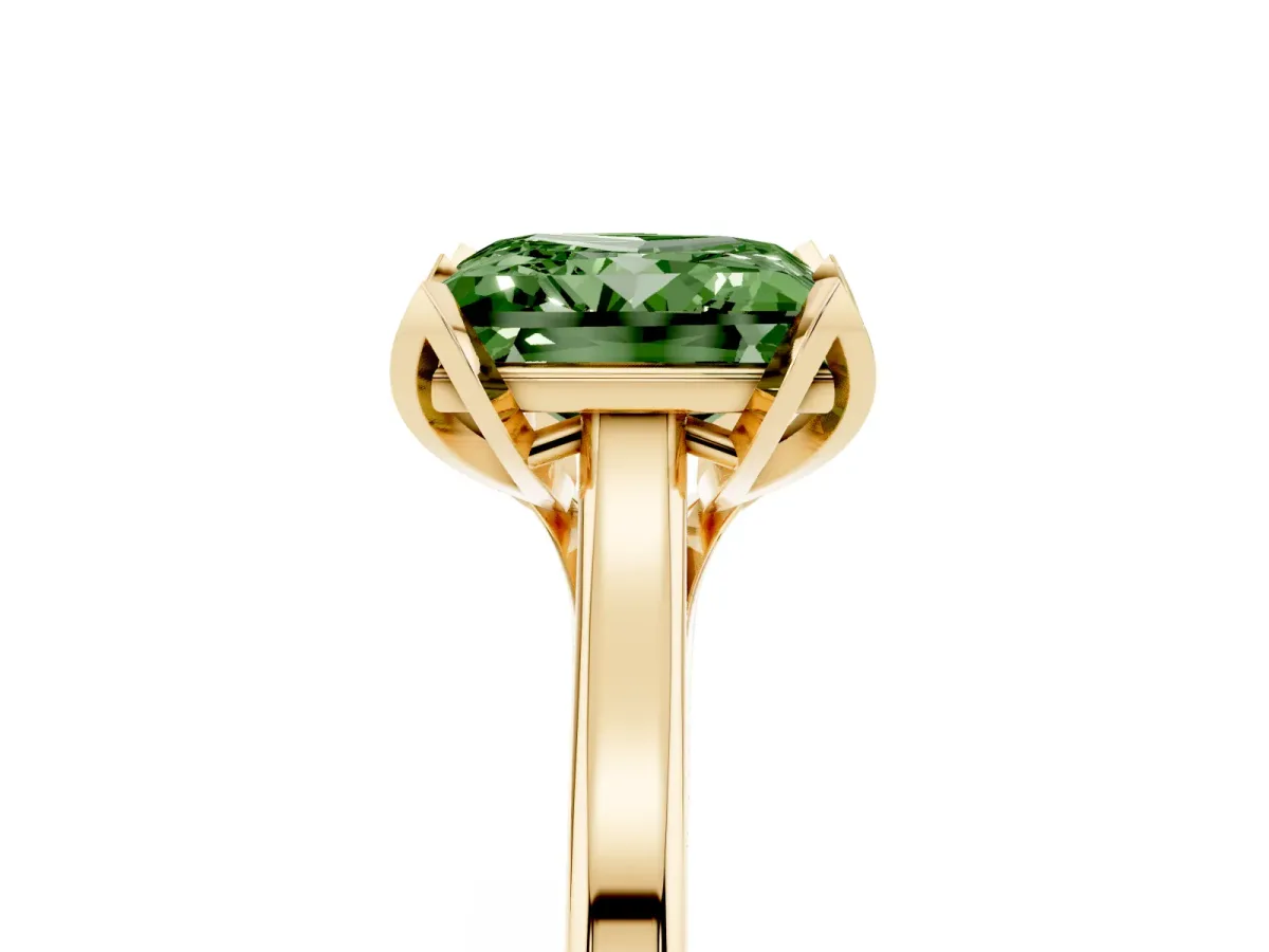 Fancy Green Princess Cut Diamond Solitaire Ring with Flower Prong Setting and Classic Band Yellow gold