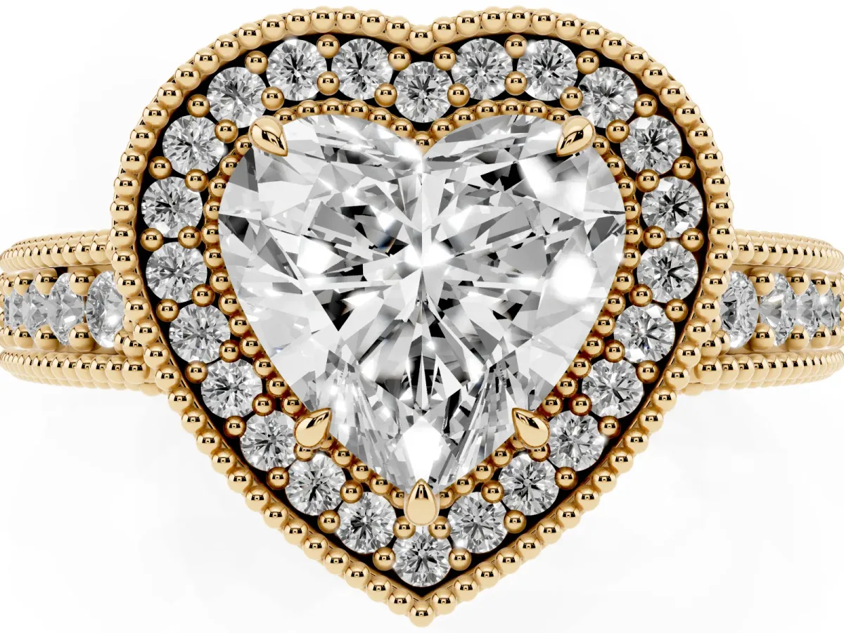 Heart Cut Cut Halo Diamond Ring with Pavé Band and Four-Prong Setting Yellow gold