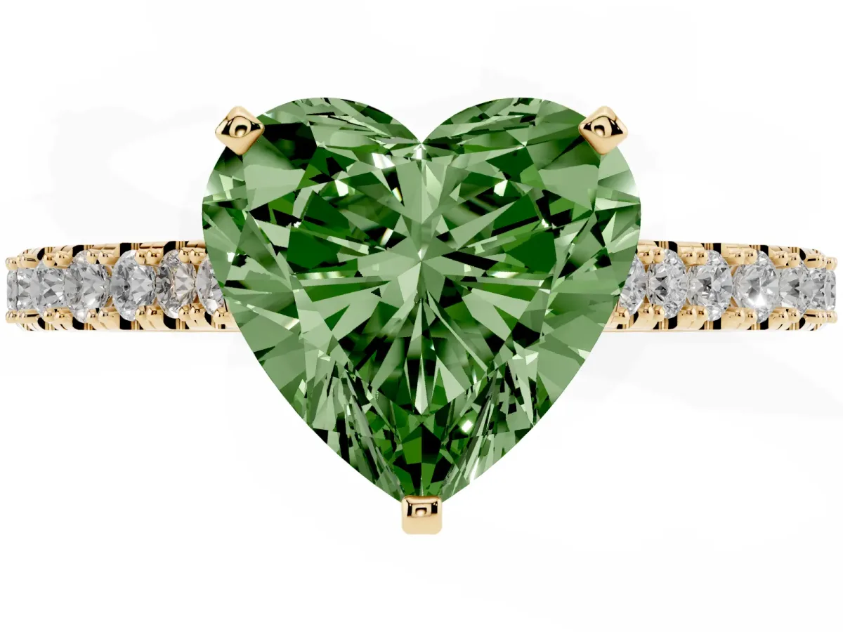 Fancy Green Heart Cut Cut Solitaire Diamond Engagement Ring with Pave Band and Four-Prong Setting Yellow gold