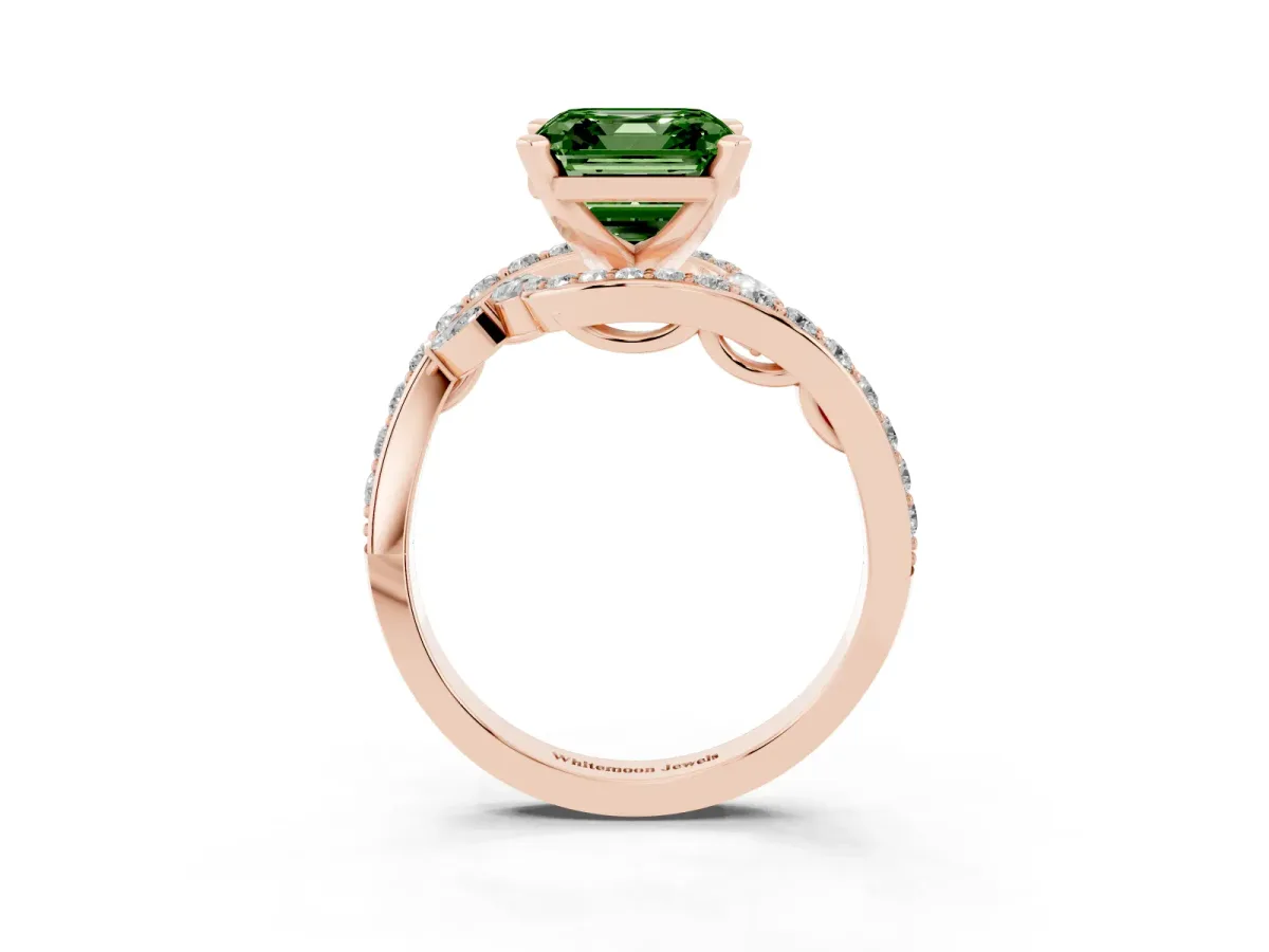 Fancy Green Asscher Cut Solitaire with Pavé Twist Band and Four-Prong Setting Rose gold