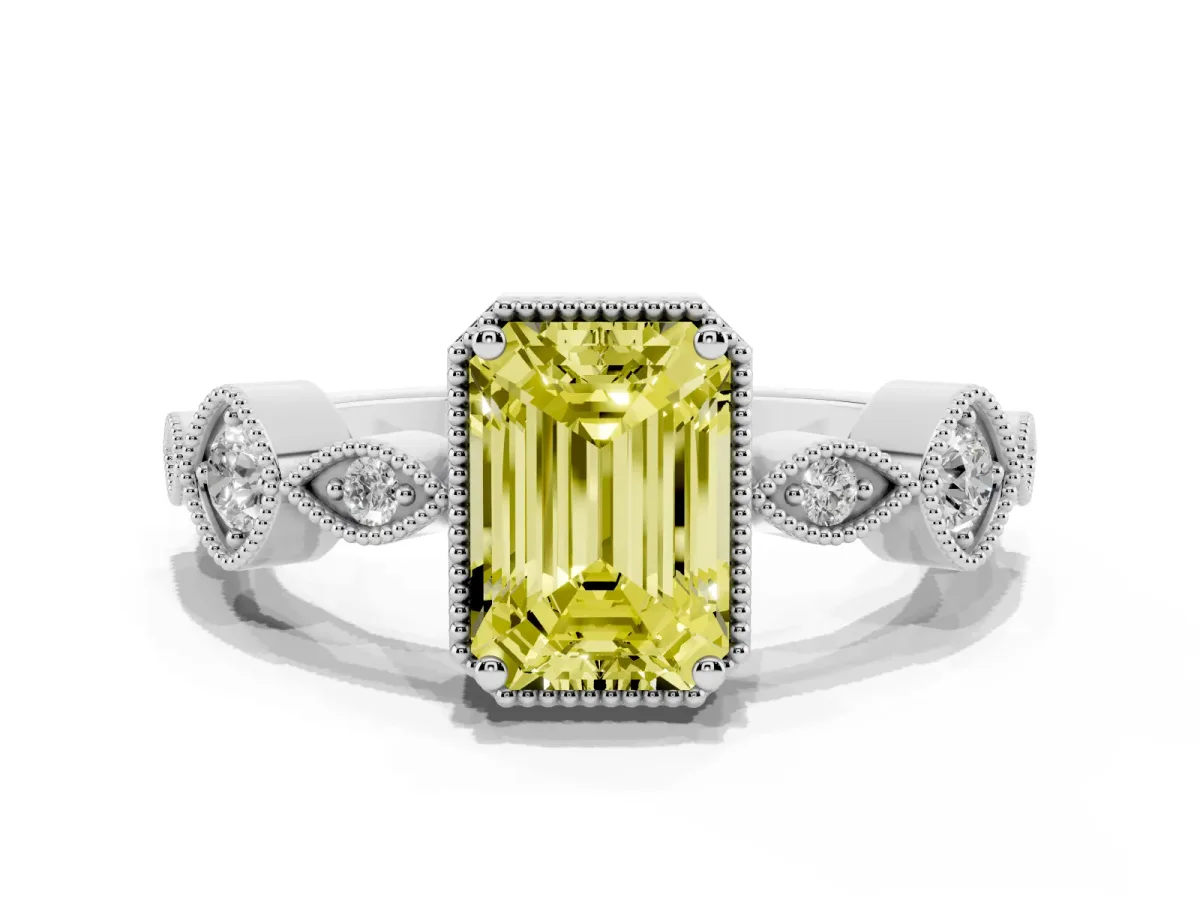 Fancy Yellow Emerald Cut Diamond Vintage Milgrain Ring with Round Stations White gold