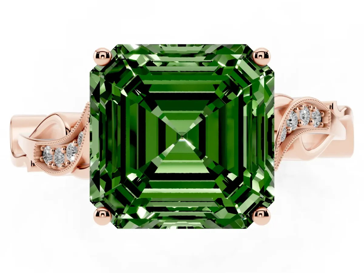 Fancy Green Asscher Cut Solitaire Vine Band with Milgrain Prong Setting Rose gold