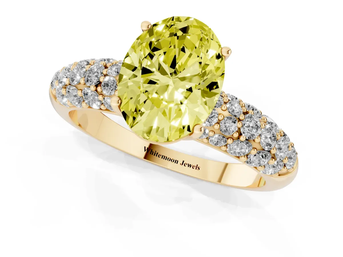 Fancy Yellow Oval Cut Diamond Pavé Band Solitaire Ring with Four-Prong Setting Yellow gold