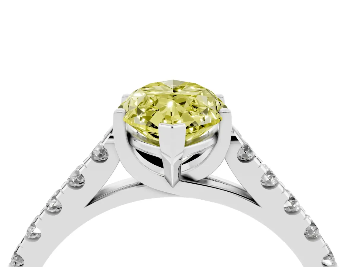 Fancy Yellow Marquise Cut Diamond Pavé Band Solitaire Ring with Prong Setting Silver