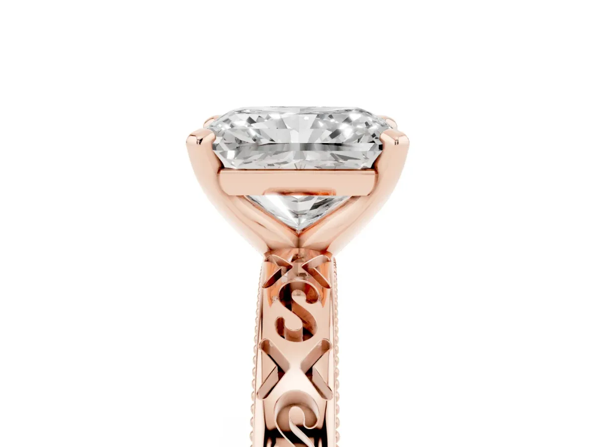 Radiant Cut Solitaire Engagement Ring with Scrollwork Band and Four-Prong Setting Rose gold
