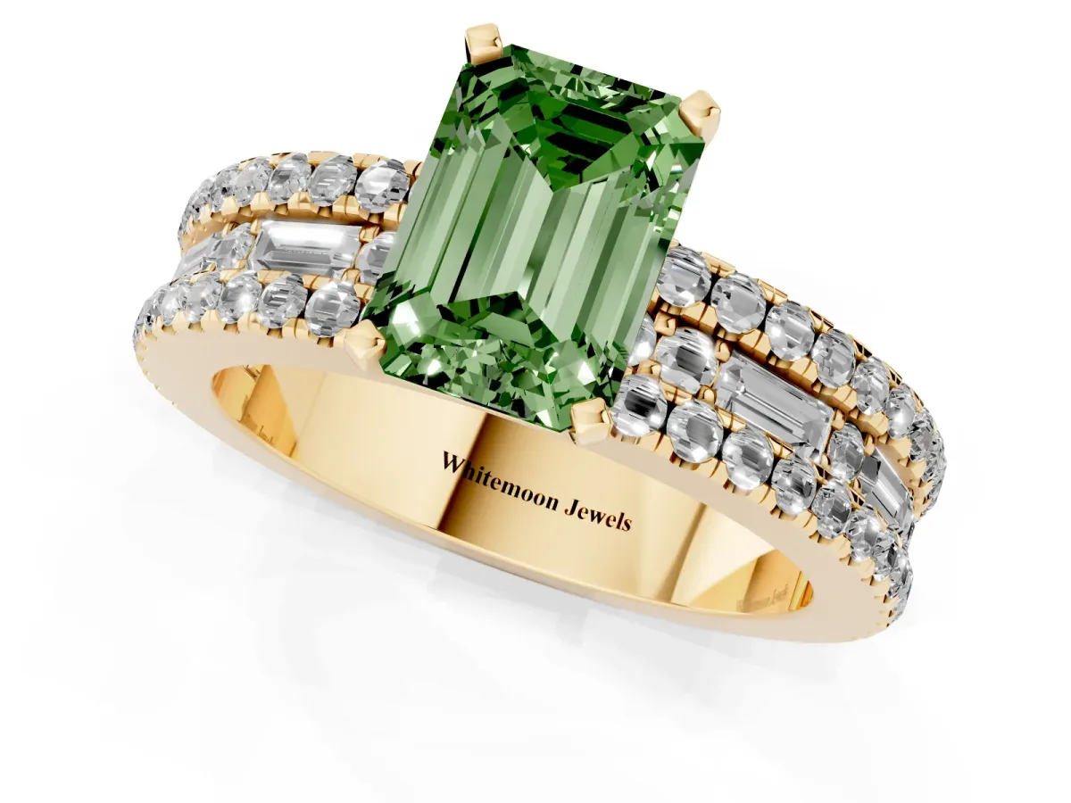 Fancy Green Emerald Cut Diamond Solitaire Ring with Pavé and Channel Set Band Yellow gold