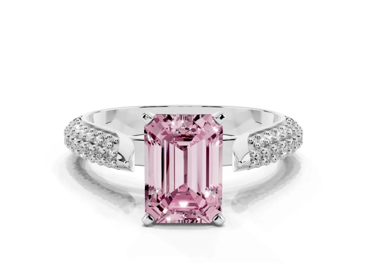 Fancy Pink Emerald Cut Diamond Solitaire Engagement Ring with Multi-Row Round Pavé Band and Prong Setting Silver
