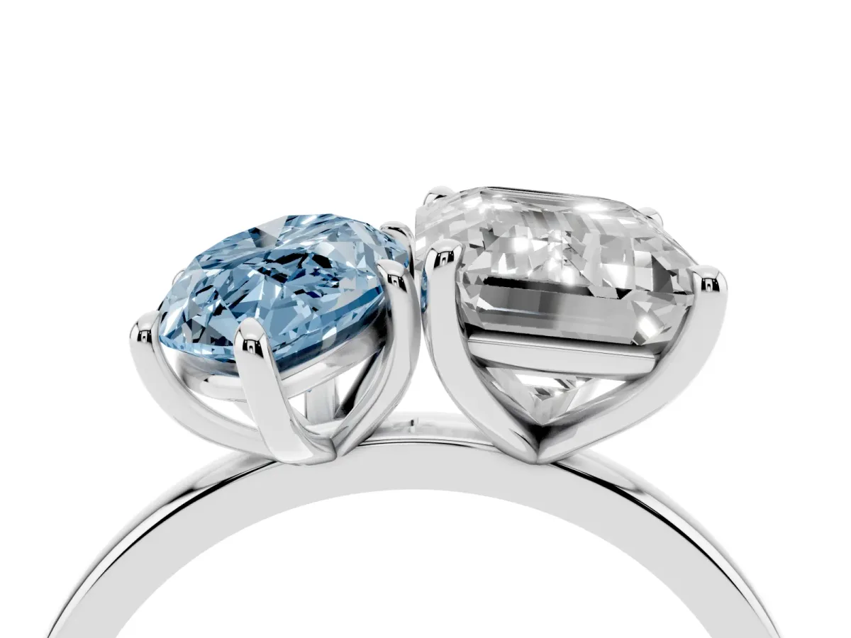 Fancy Blue Marquise Cut and Emerald Cut Toi Moi Ring with Prong Setting Silver