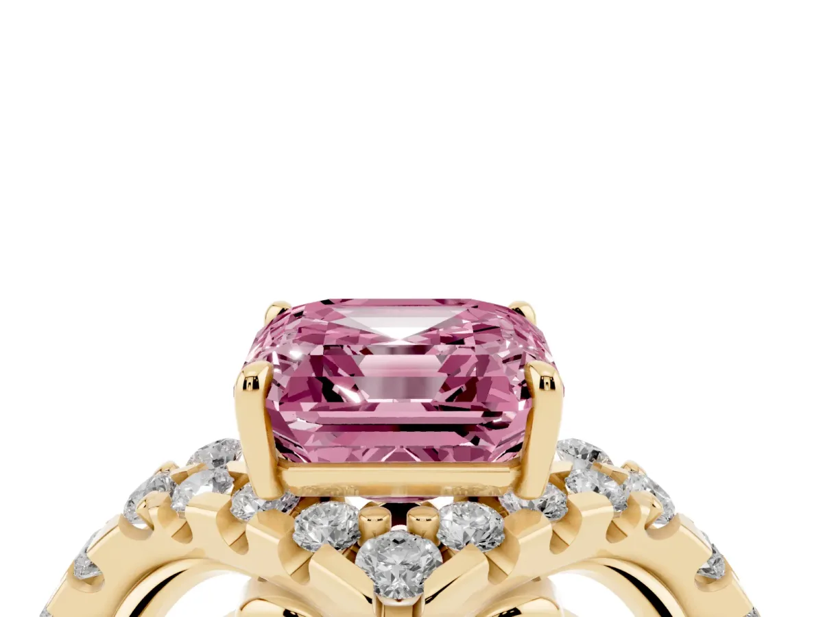Fancy Pink Asscher Cut Diamond Solitaire Ring with Hidden Halo and Pavé Band Yellow gold