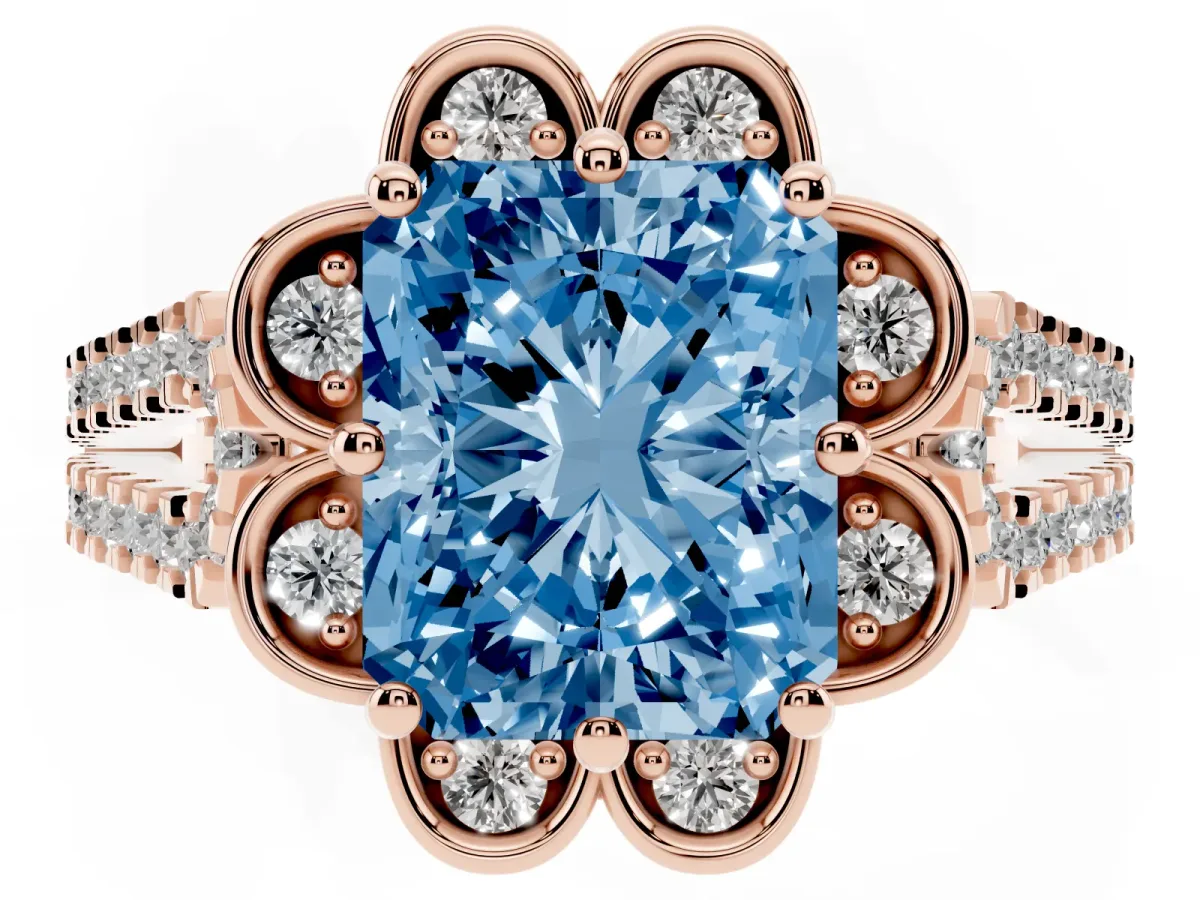 Fancy Blue Radiant Cut Halo Diamond Floral Split Shank Engagement Ring Rose gold