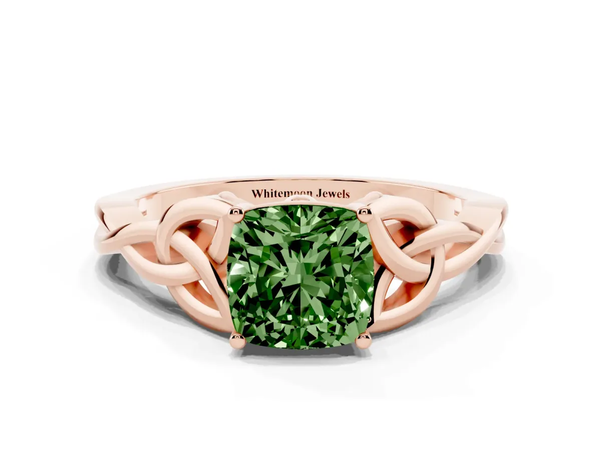 Fancy Green Cushion Cut Diamond Solitaire Engagement Ring with Celtic Knot Band and Four-Prong Setting Rose gold