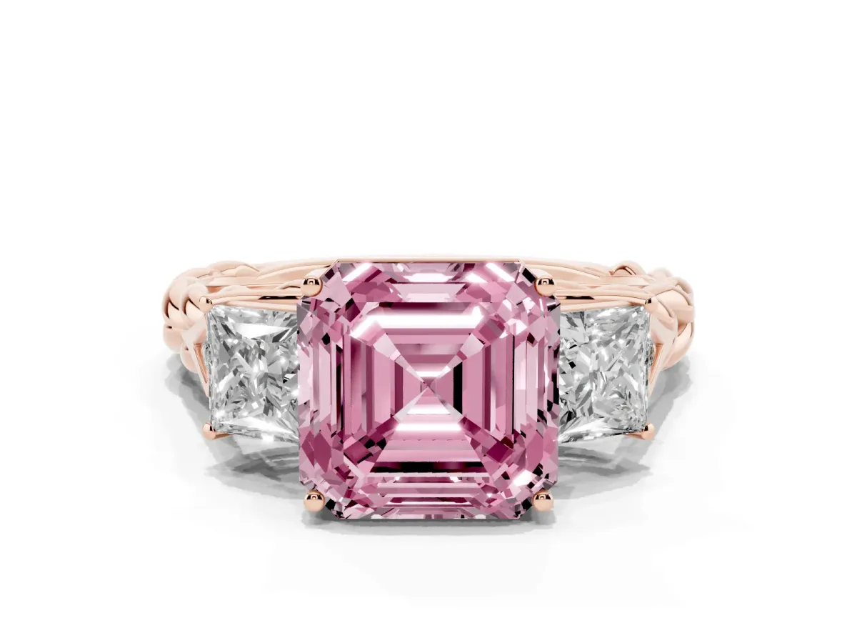 Fancy Pink Three-Stone Asscher Cut Diamond Braided Band Ring with Four-Prong Setting Rose gold