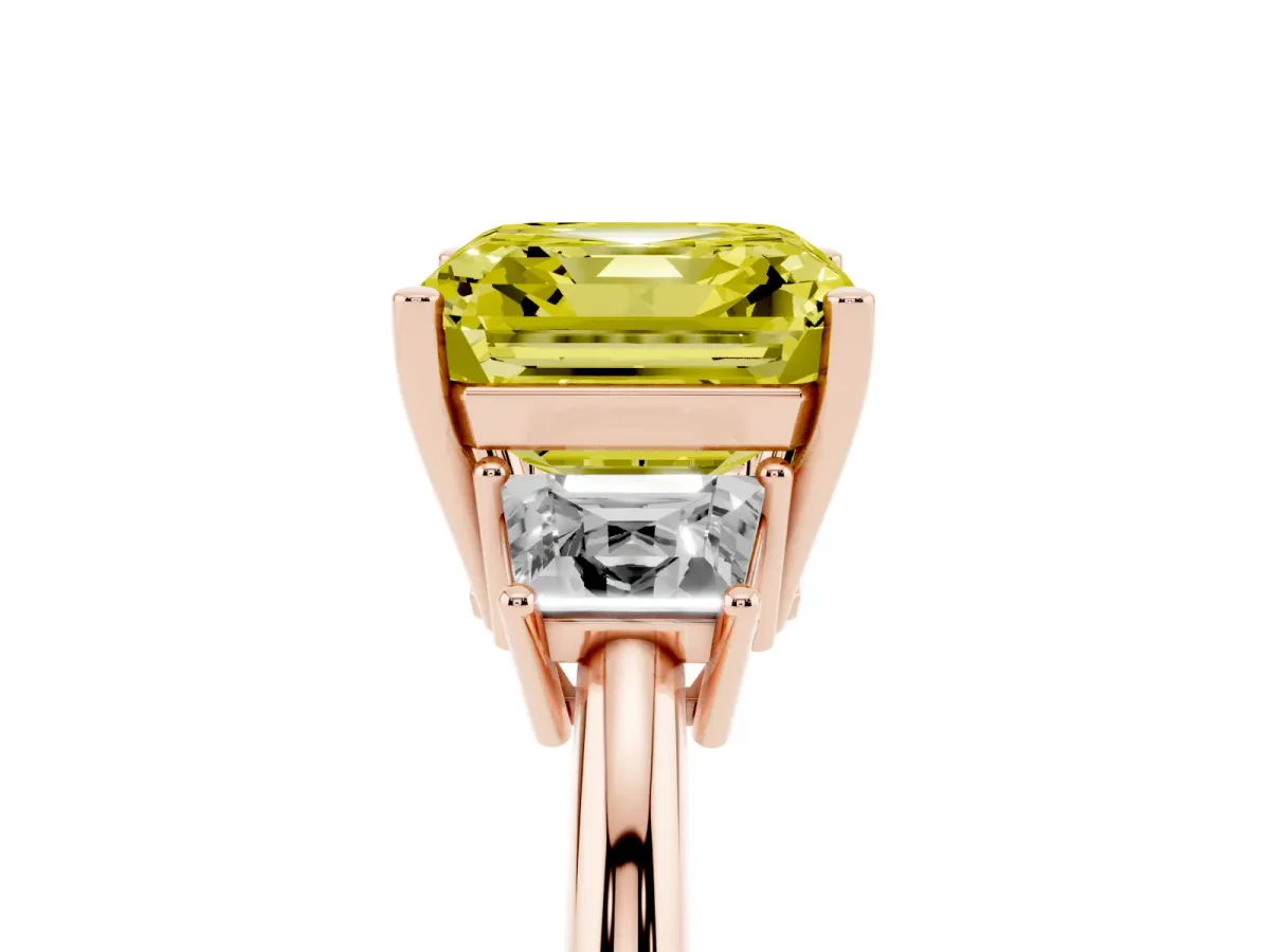 Fancy Yellow Asscher Cut Diamond Three-Stone Ring with Trapezoid Side Stones and Prong Setting Rose gold