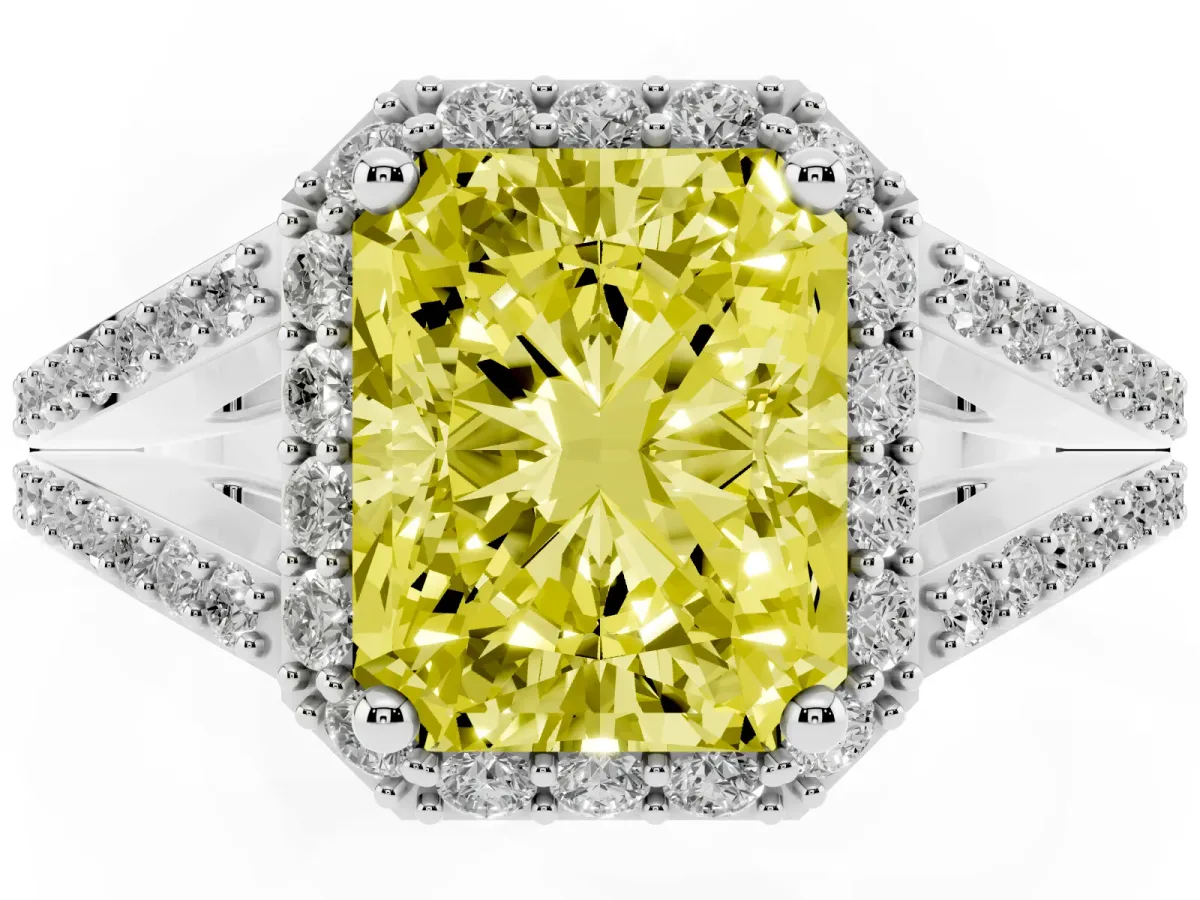 Fancy Yellow Radiant Cut Halo Split Shank Diamond Ring with Prong Setting Silver