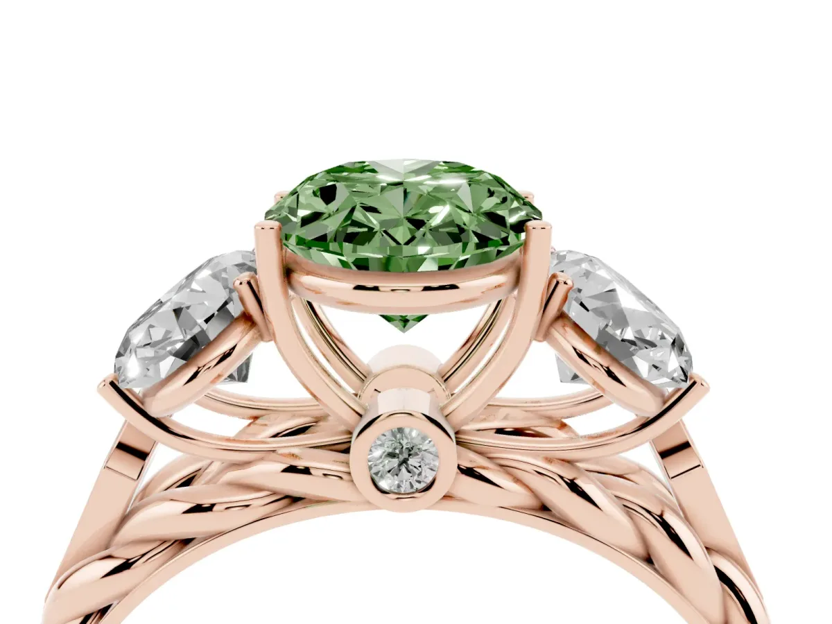 Fancy Green Three-Stone Oval Cut Diamond Braided Band Ring with Four-Prong Setting Rose gold