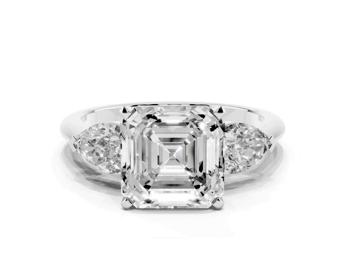 Three-Stone Asscher Cut Diamond Ring with Pear Side Stones and Four-Prong Setting Silver