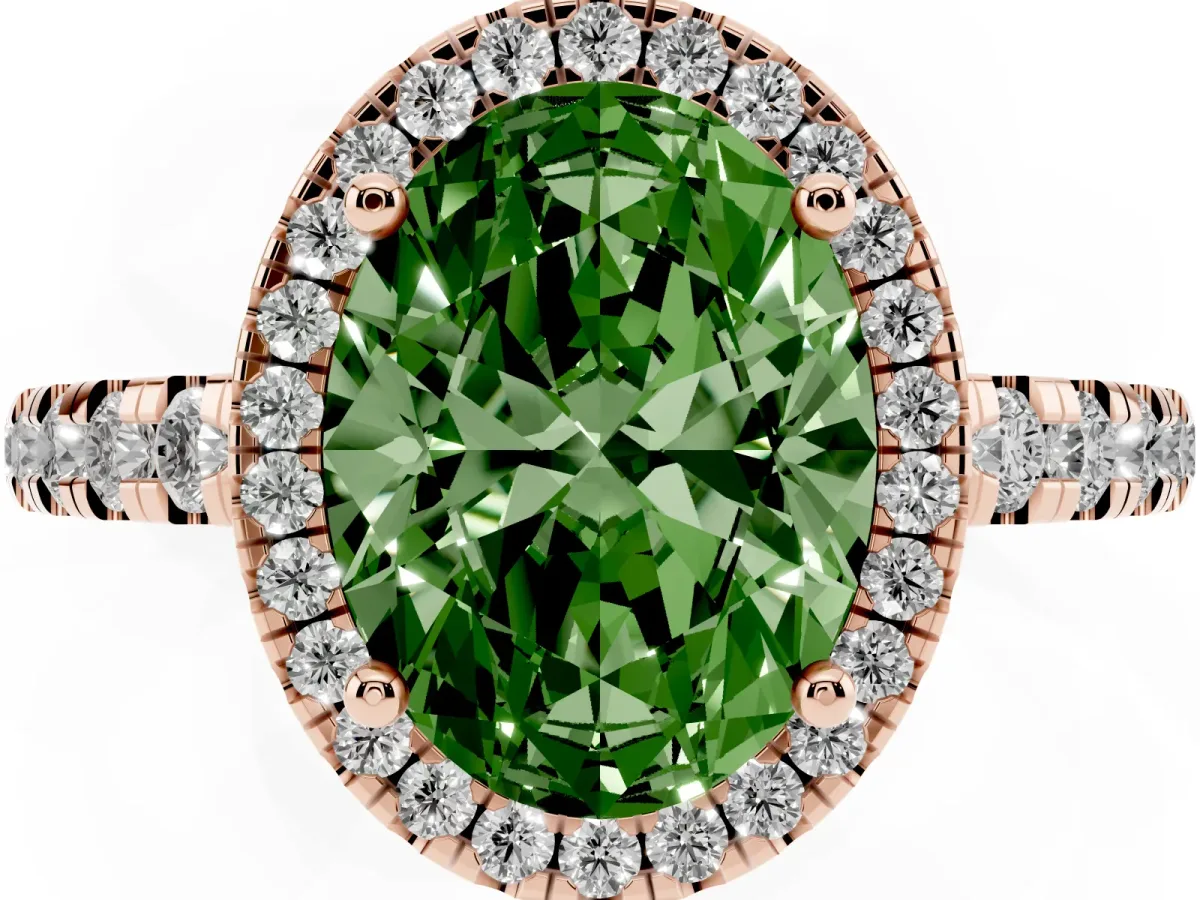 Fancy Green Oval Cut Diamond Halo Ring with Pavé Band and Four-Prong Setting Rose gold