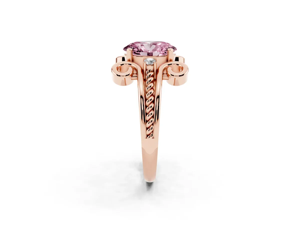 Fancy Pink Oval Cut Solitaire Twisted Band Scroll Prong Ring Rose gold