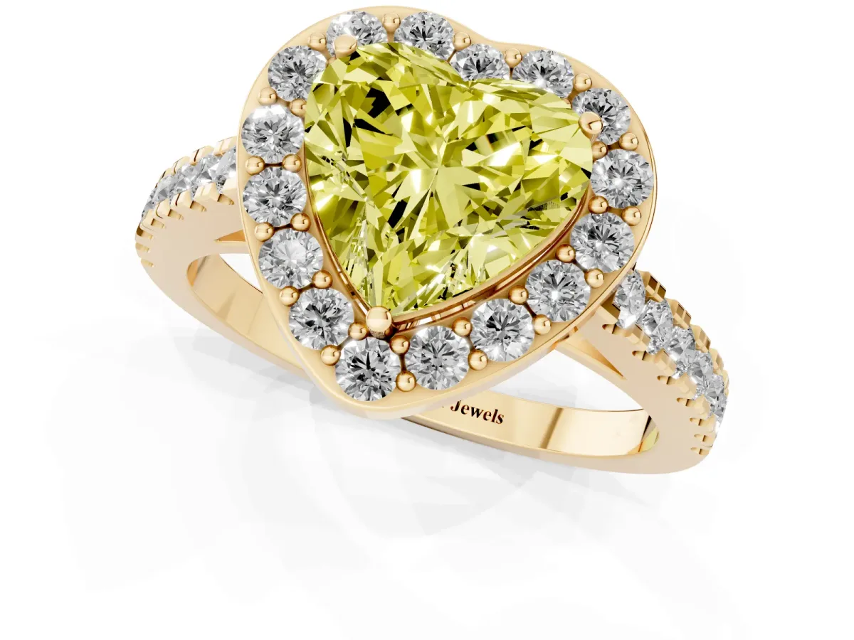 Fancy Yellow Heart Cut Diamond Halo Ring with Round Pavé Split Shank and Prong Setting Yellow gold