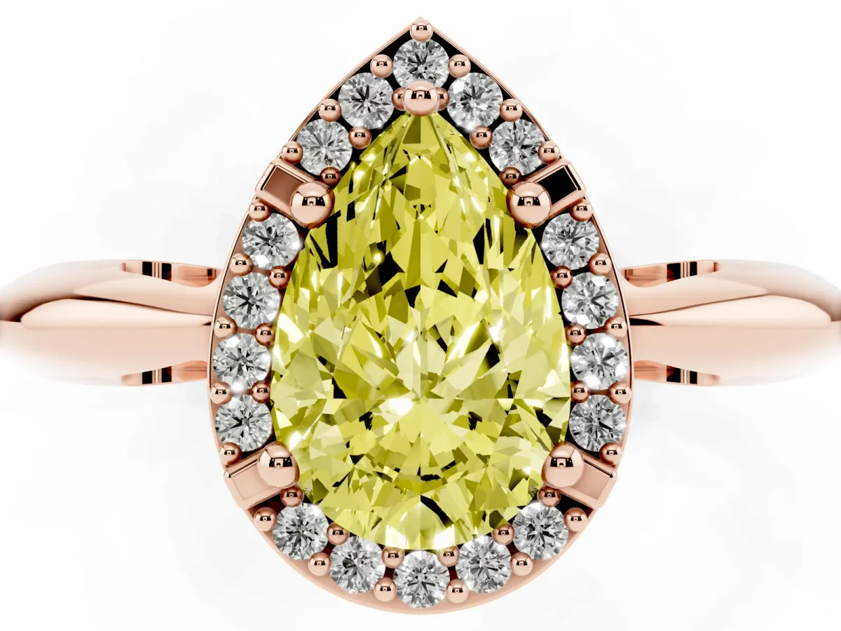 Fancy Yellow Pear Cut Cut Diamond Halo Engagement Ring with Split Shank and Four-Prong Setting Rose gold