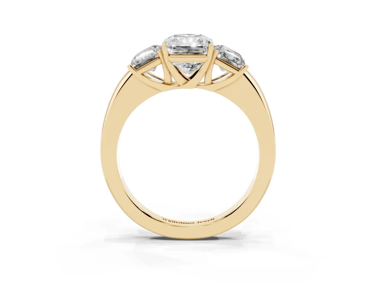 Radiant Cut Diamond Three-Stone Ring with Four-Prong Setting and Classic Band Yellow gold