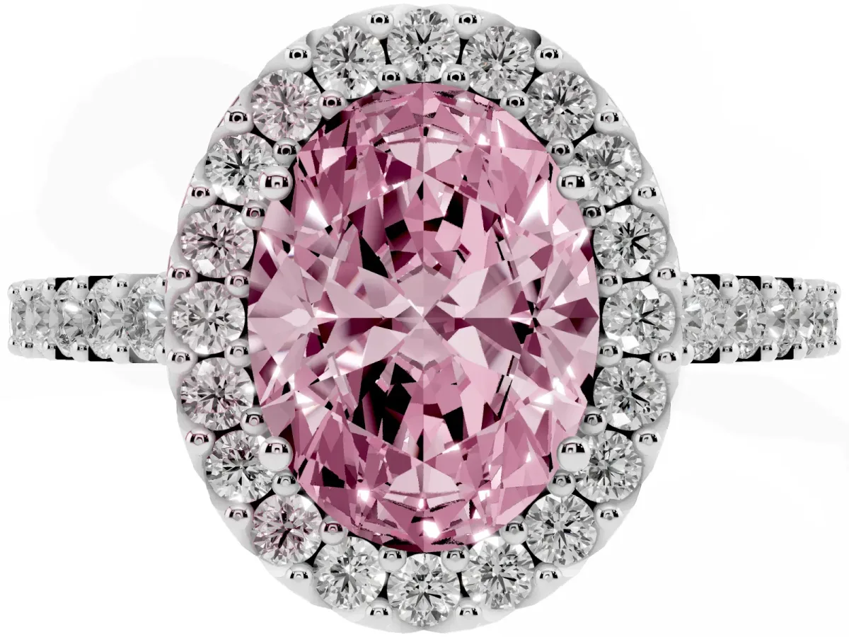 Fancy Pink Oval Cut Halo Diamond Pavé Solitaire Ring Silver