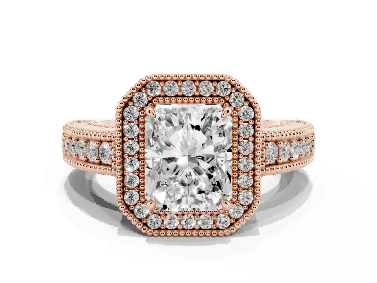 Radiant Cut Cut Halo Diamond Ring with Pavé Band and Four-Prong Setting Rose gold
