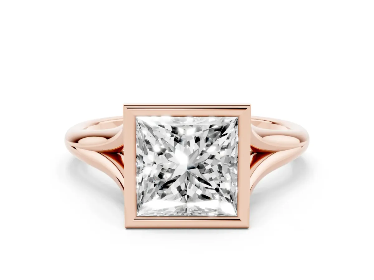 Bezel Set Princess Cut Cut Solitaire Ring with Tapered Band Rose gold