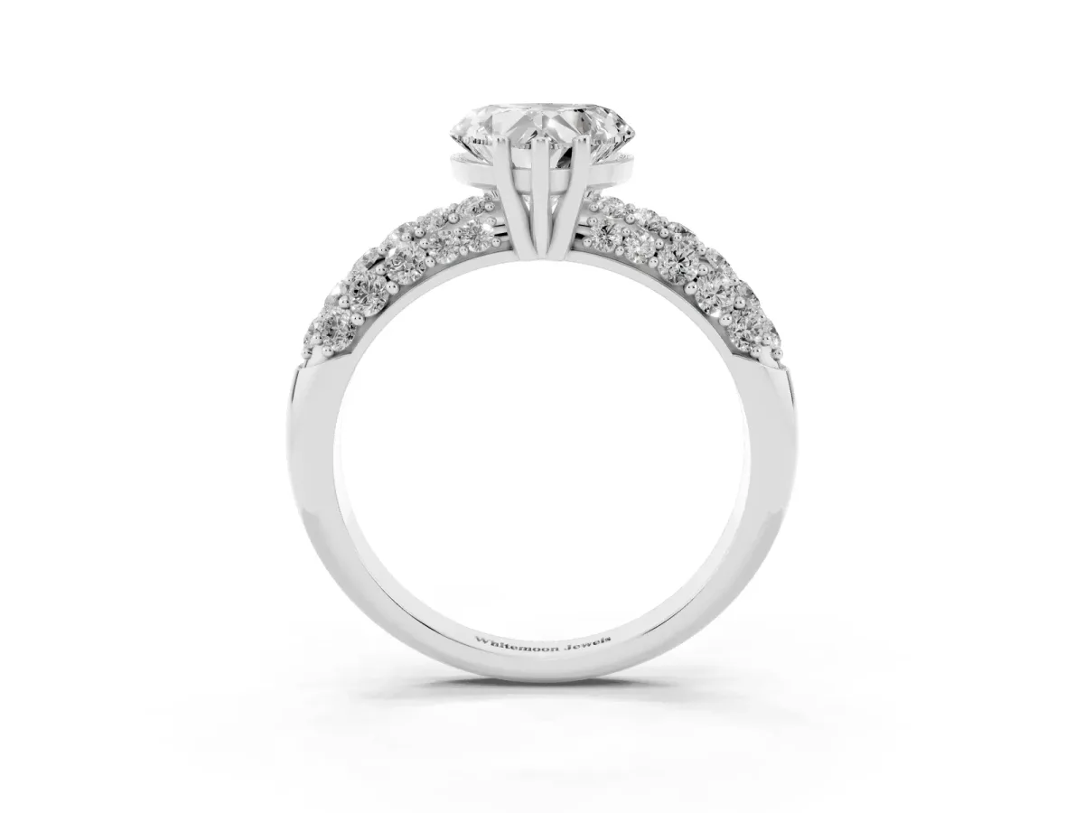 Heart Cut Diamond Pavé Band Solitaire Ring with Four-Prong Setting Silver