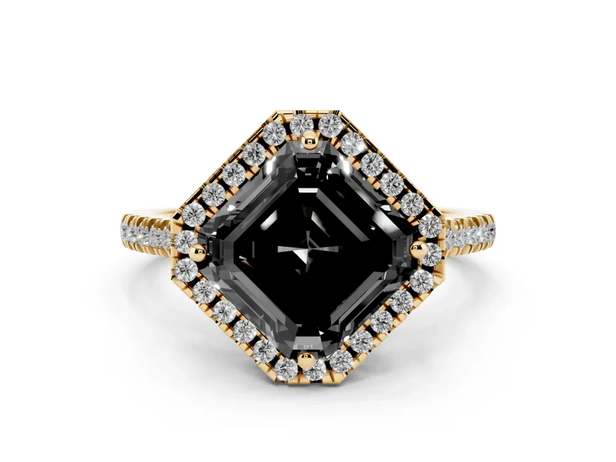 Fancy Black Asscher Cut Diamond Cushion Halo Ring with Pavé Band Yellow gold