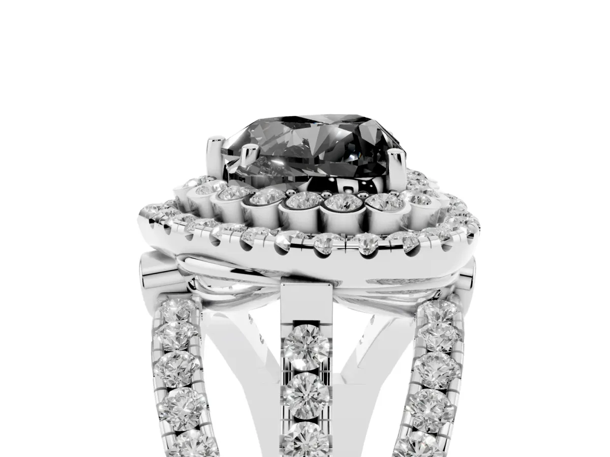 Fancy Black Heart Cut Diamond Double Halo Ring with Round Pavé Split Shank and Prong Setting Silver