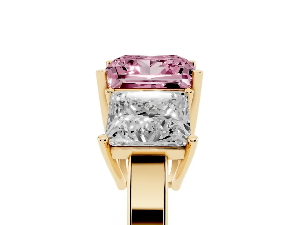 Fancy Pink Three-Stone Princess Cut Cut Diamond Engagement Ring with Flat Band and Four-Prong Setting Yellow gold