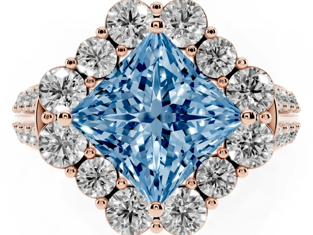 Fancy Blue Princess Cut Halo Diamond Engagement Ring with Split Shank and Prong Setting Rose gold
