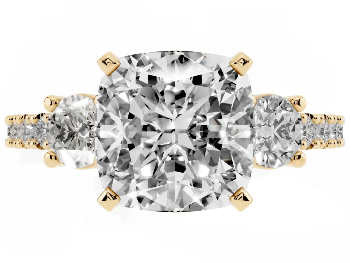 Cushion Cut Three-Stone Diamond Pavé Band with Prong Setting Yellow gold