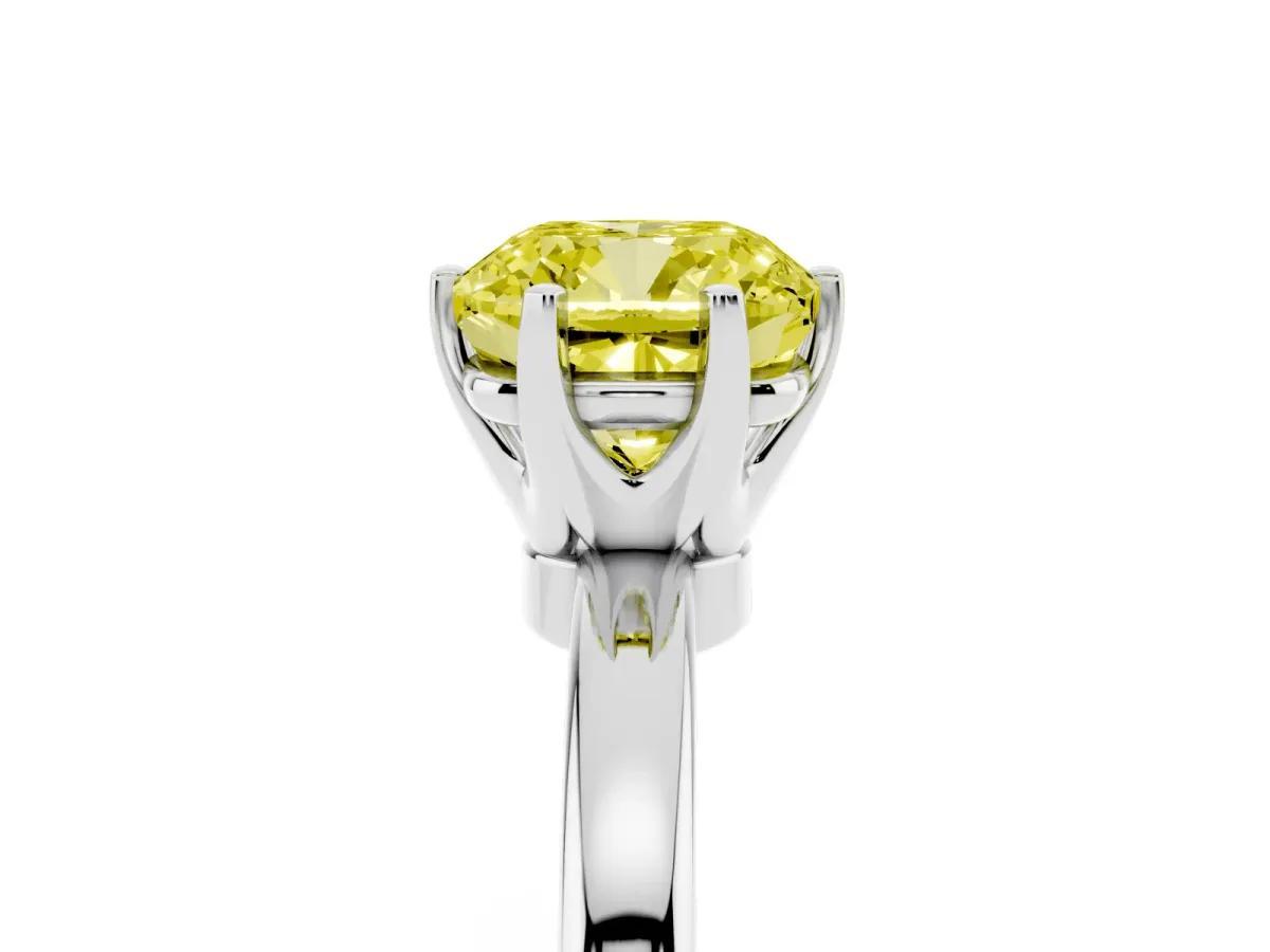 Fancy Yellow Cushion Cut Solitaire Diamond Ring with Six-Prong Setting on a Classic Band Silver