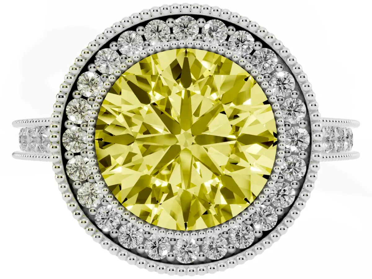 Fancy Yellow Halo Round Cut-Cut Diamond Pave Band Milgrain Prong Setting Ring Silver