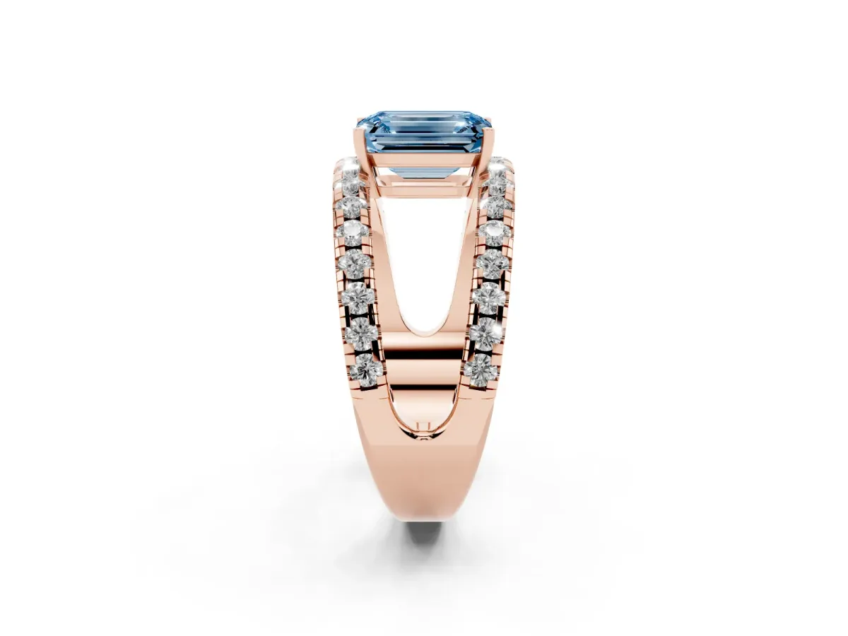 Fancy Blue Emerald Cut Solitaire Split Shank Pave Diamond Ring Rose gold