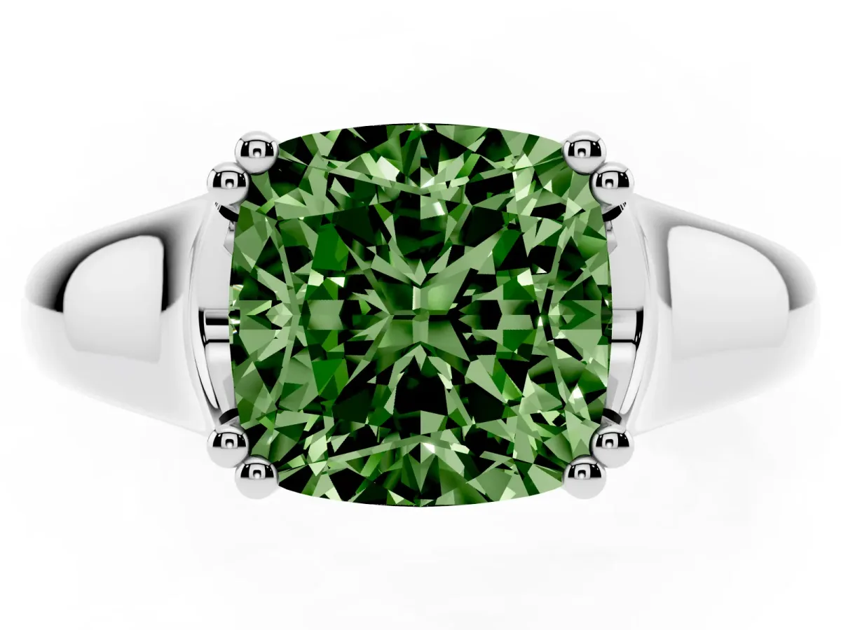 Fancy Green Cushion Cut Diamond Solitaire Ring with Wide Band and Prong Setting Silver