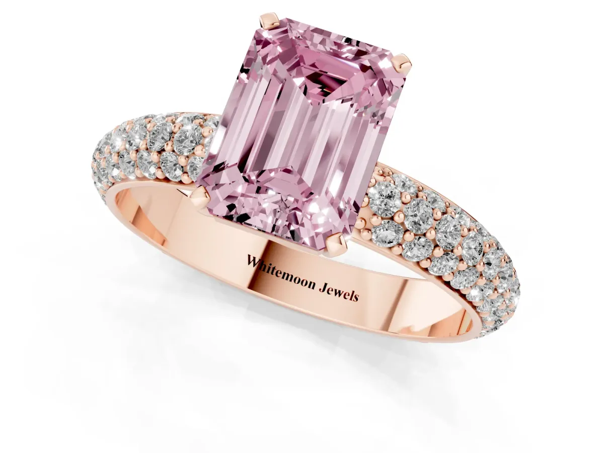 Fancy Pink Emerald Cut Diamond Solitaire Ring with Prong Setting and Pavé Band Rose gold