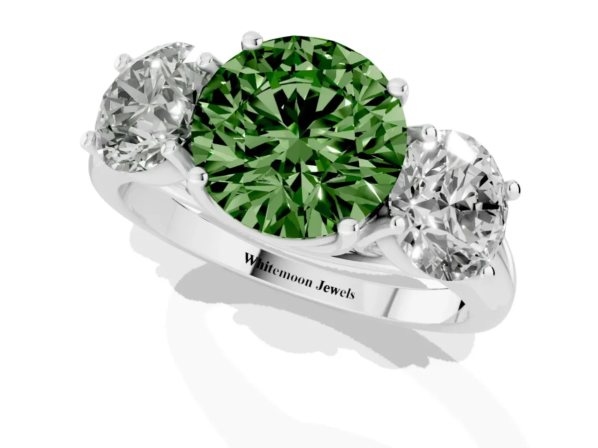 Fancy Green Three-Stone Round Cut Diamond Engagement Ring with Prong Setting Platinum