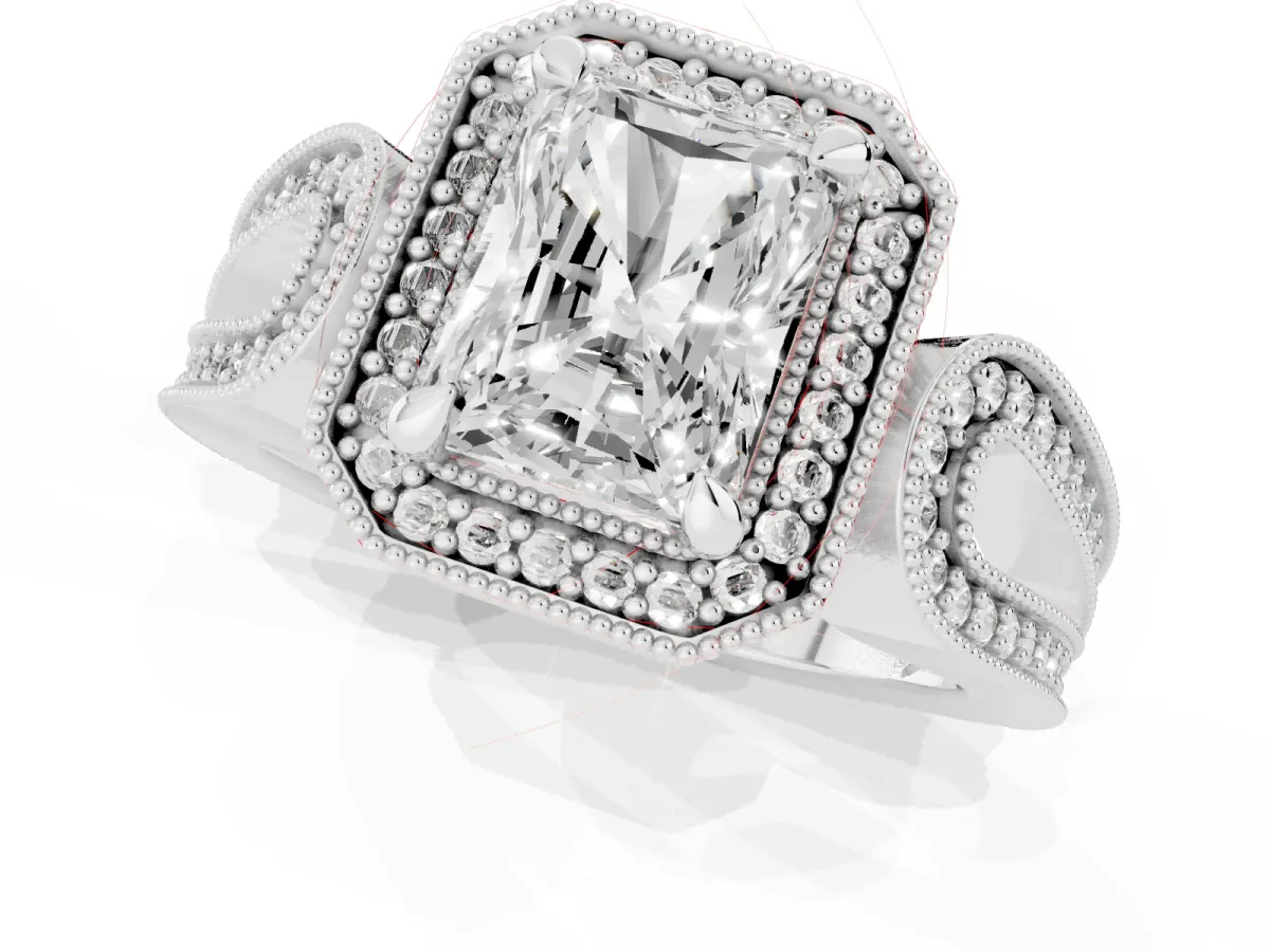 Radiant Cut Halo Split Shank Milgrain Diamond Ring Platinum