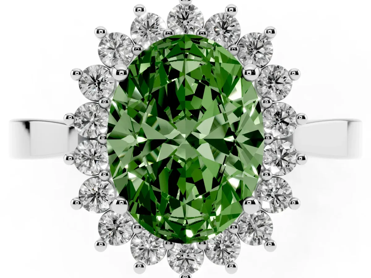 Fancy Green Oval Cut Cut Diamond Halo Ring with Round Brilliant Halo and Solitaire Band Silver