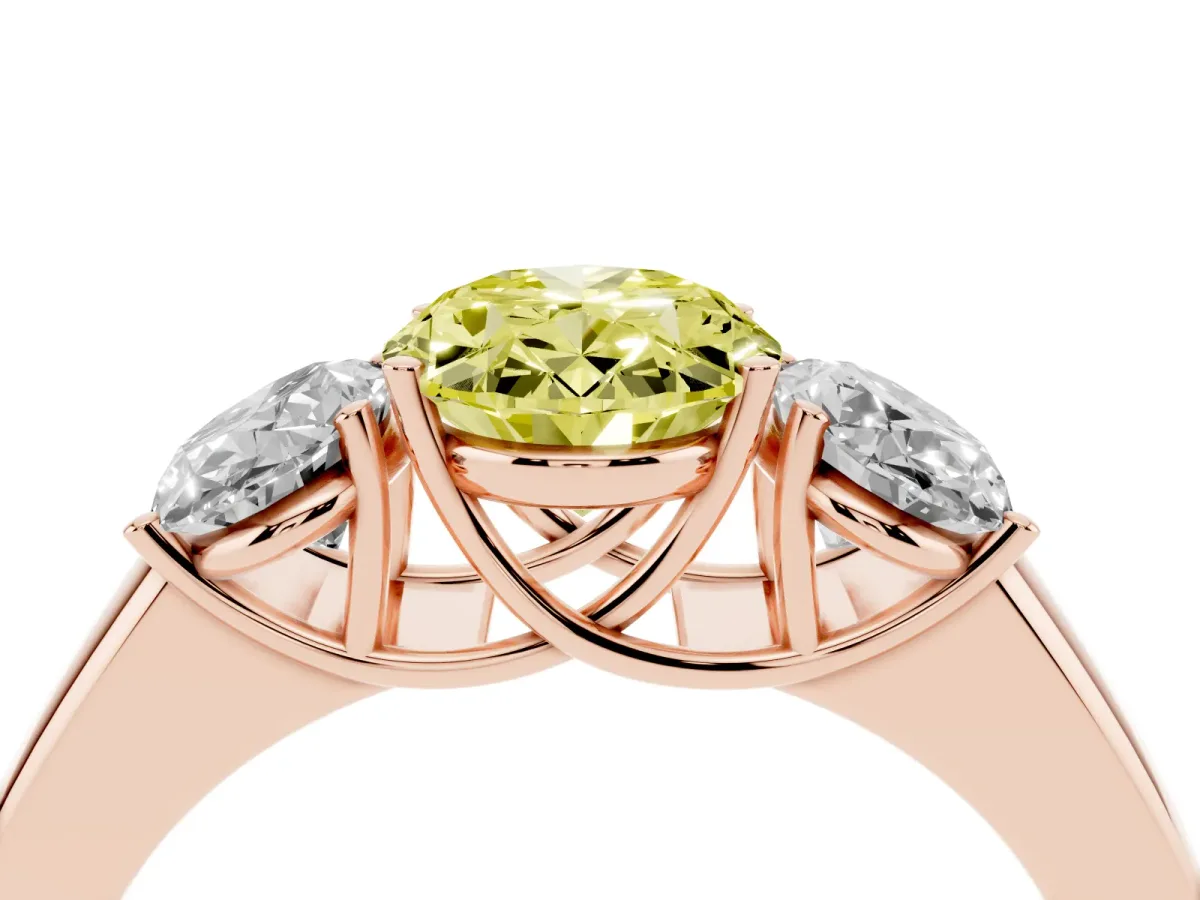 Fancy Yellow Three-Stone Oval Cut Cut Diamond Ring with Prong Setting and Classic Band Rose gold