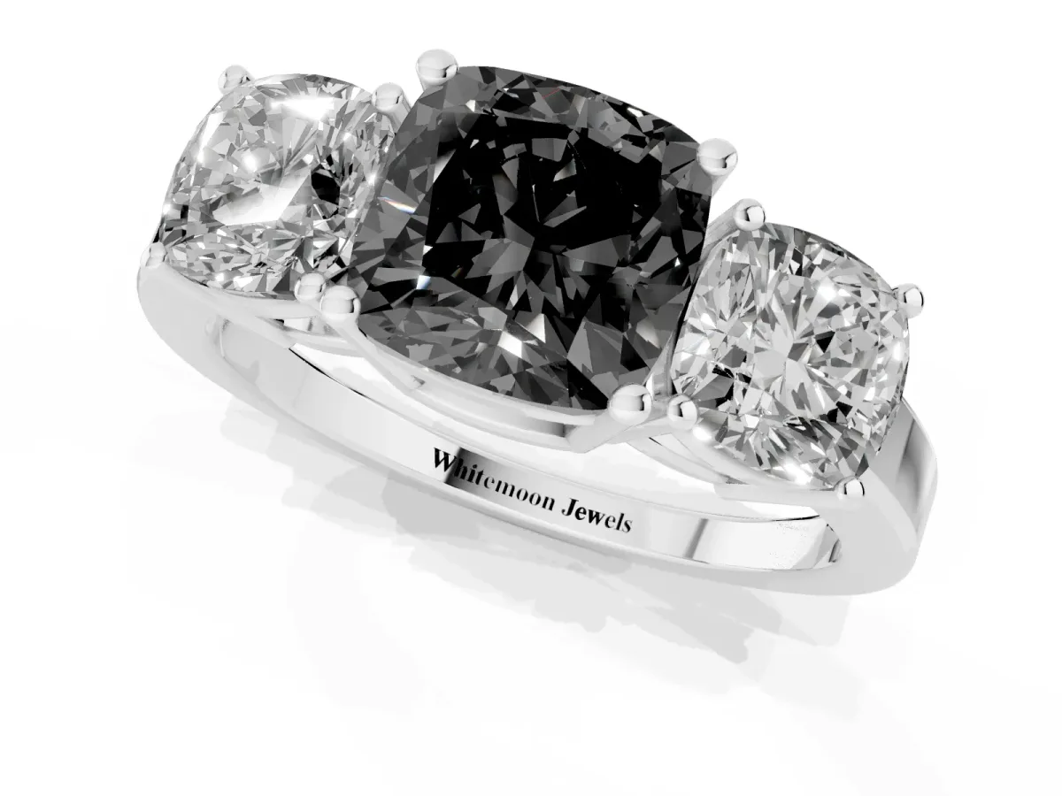 Fancy Black Three-Stone Cushion Cut Cut Diamond Engagement Ring with Flat Band and Four-Prong Setting Silver