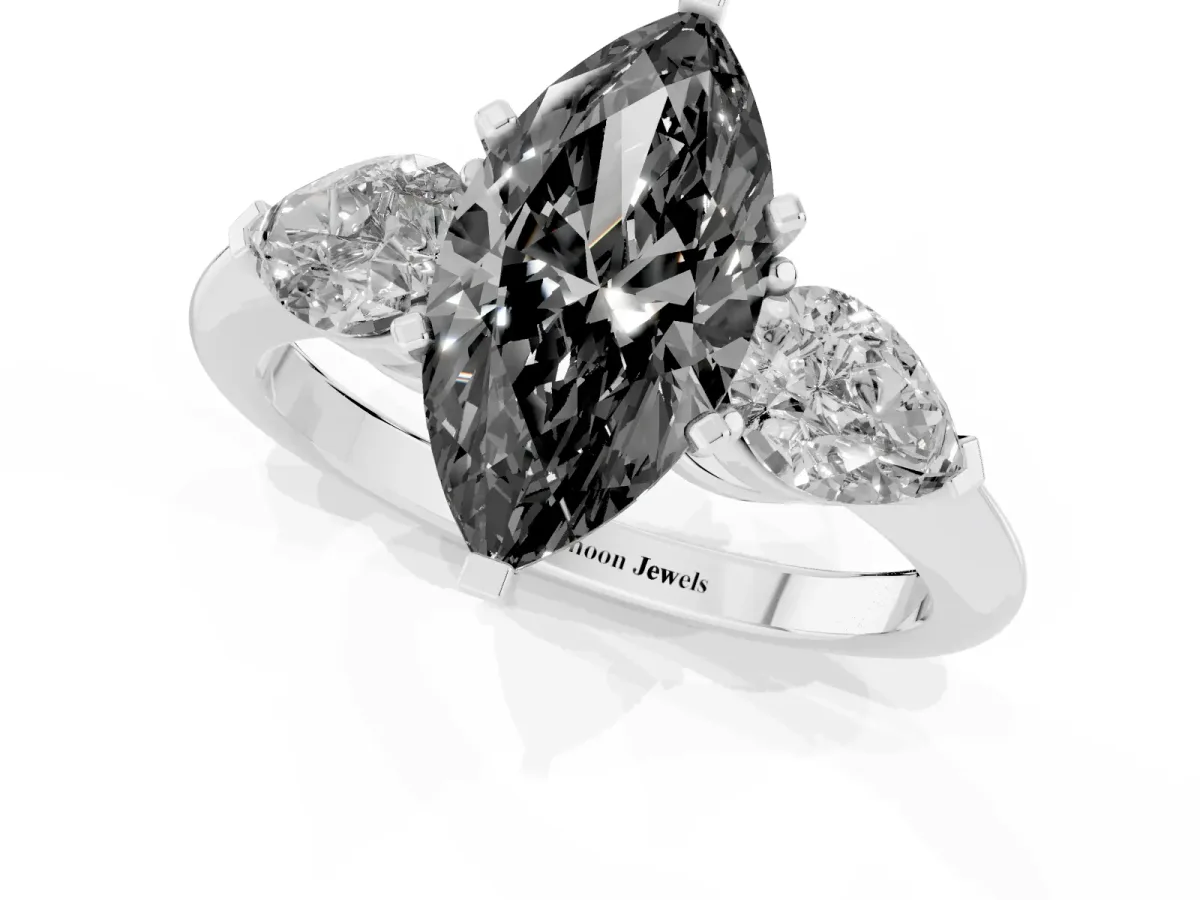 Fancy Black Three-Stone Marquise Cut Diamond Ring with Pear Side Stones and Four-Prong Setting Silver