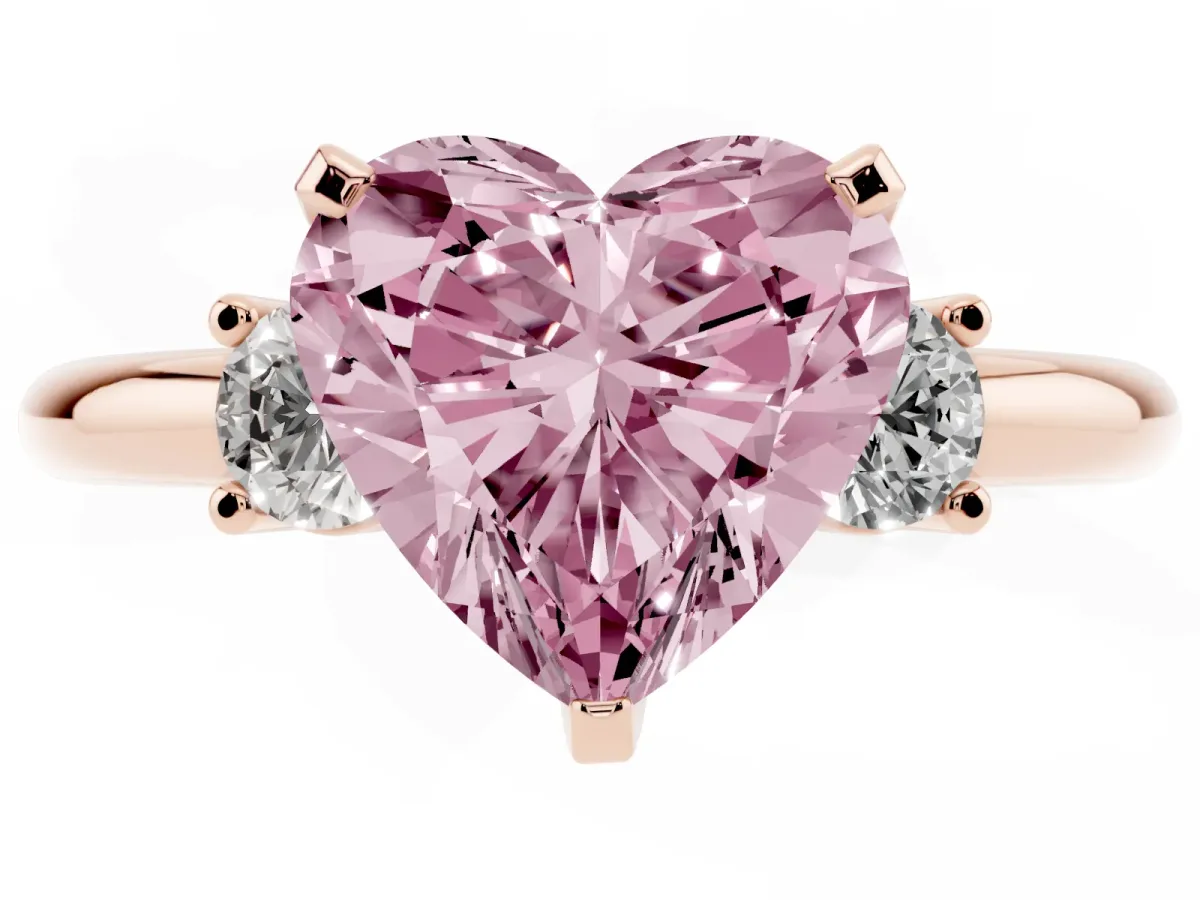 Fancy Pink Three-Stone Heart Cut Cut Diamond Solitaire with Prong Setting and Classic Band Rose gold