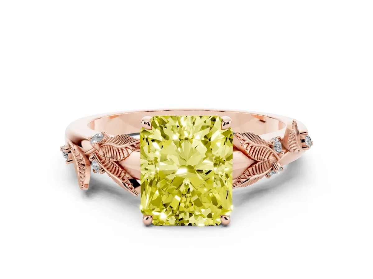 Fancy Yellow Radiant Cut Diamond Solitaire Ring with Leaf Motif Band and Four-Prong Setting Rose gold